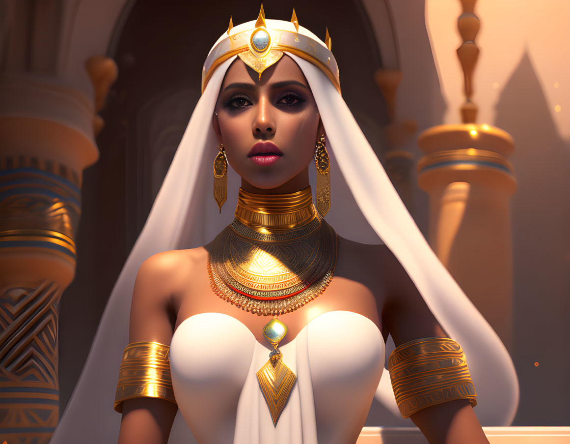 Regal woman with Egyptian headdress in front of ancient temple.