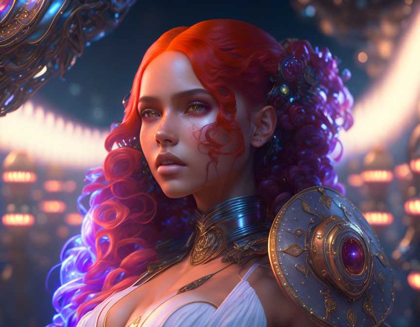 Vibrant red-haired woman in armor with tattoos against fantasy backdrop