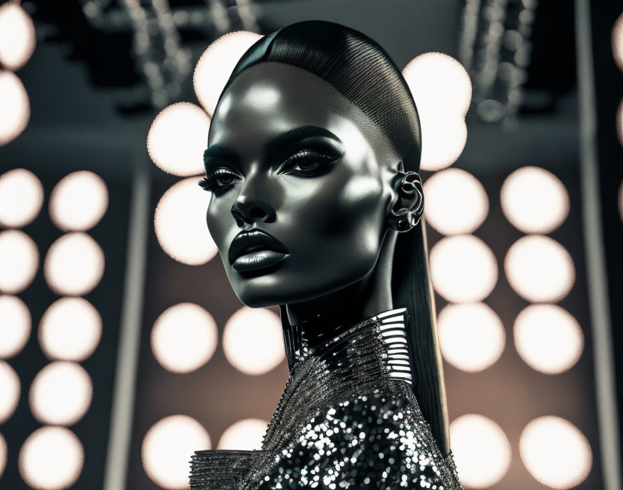 Monochrome portrait of woman with striking makeup and sleek hair against glowing circular lights