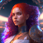 Vibrant red-haired woman in armor with tattoos against fantasy backdrop