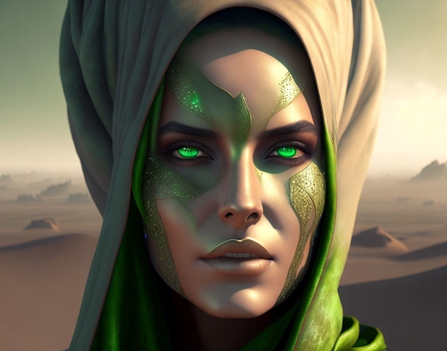 Digital portrait featuring person with green eye shadow, leaf pattern headscarf, and desert backdrop