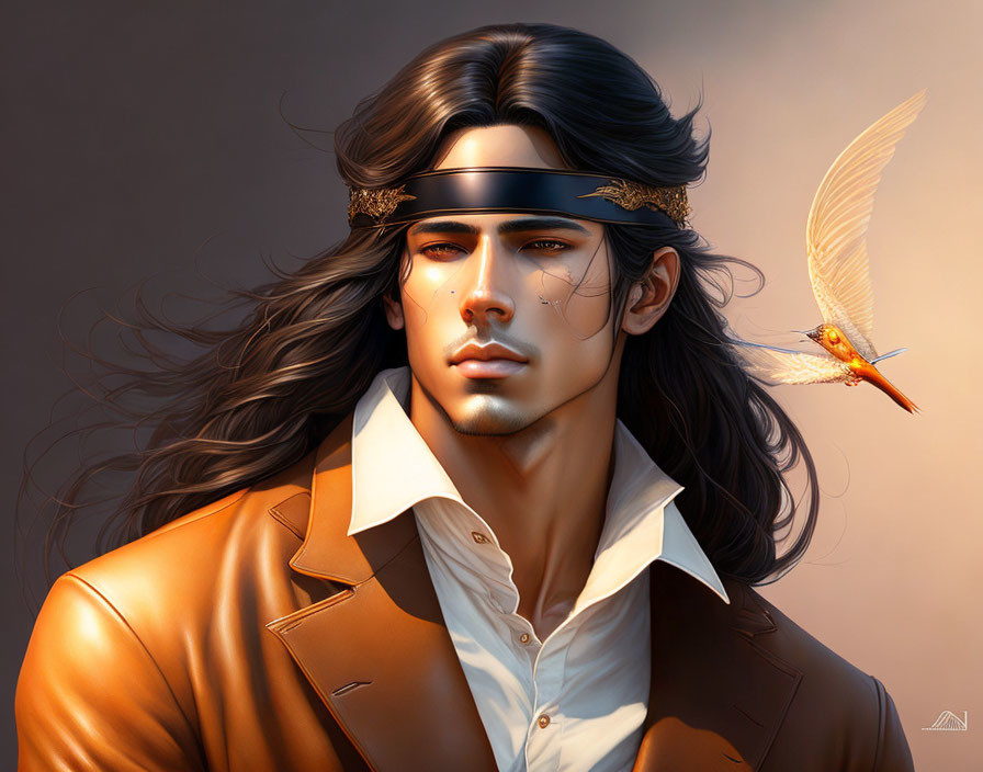 Illustrated portrait of a man with long hair, headband, leather jacket, and hummingbird.