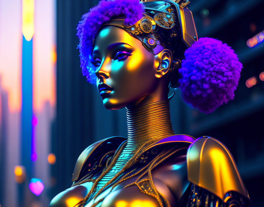 Futuristic female robot with purple hair and cybernetic enhancements