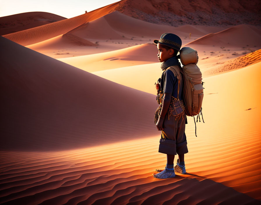 Child with backpack on sand dune at sunset