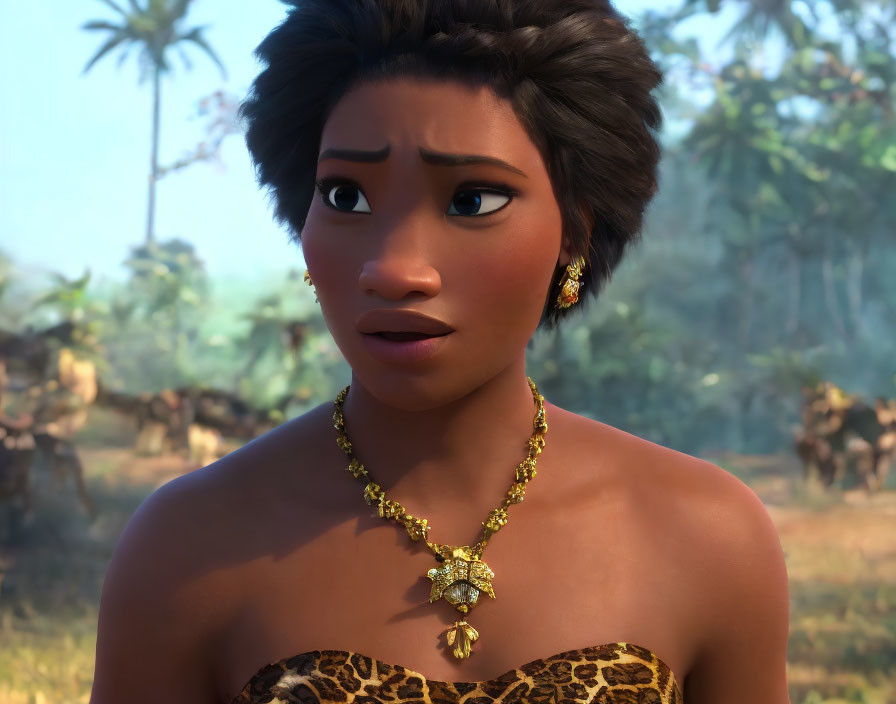 Short-haired female character in leopard print and gold jewelry, looking concerned in forest.