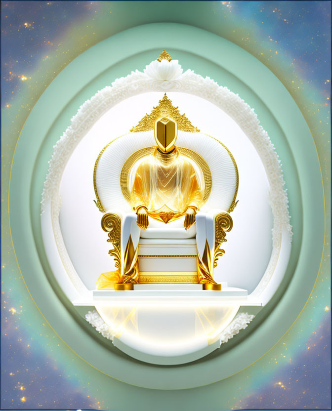 Abstract glowing golden figure on cosmic throne in circular frame