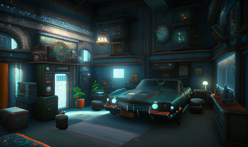 Vintage Decor, Neon Lights, Classic Car: Retro-Futuristic Room Ambiance