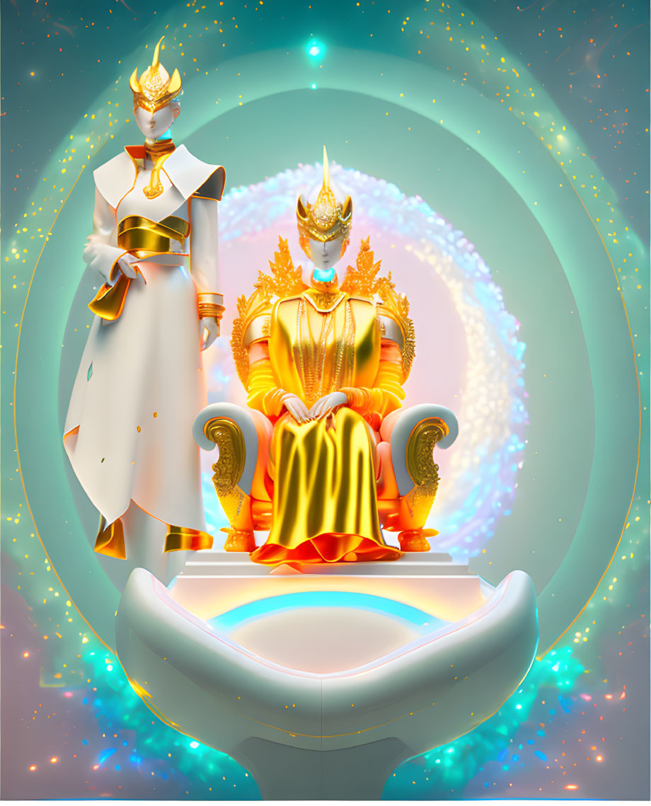 Majestic figure on throne in gold and white attire with ethereal glow