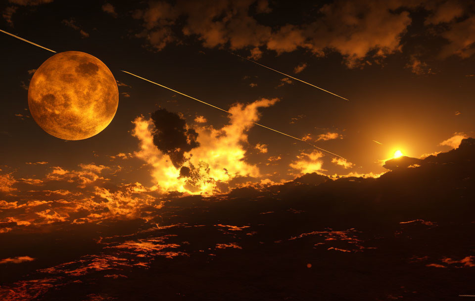 Vivid Orange Moon Over Dramatic Sky with Streaking Meteors