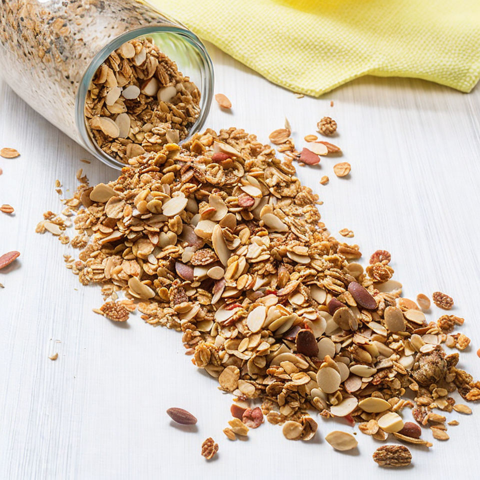 Spilled granola with mixed nuts on white surface with yellow napkin