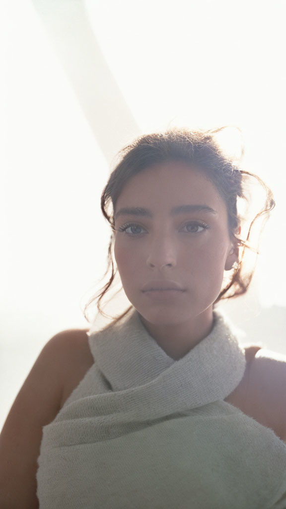 Serene woman in light scarf under soft backlight