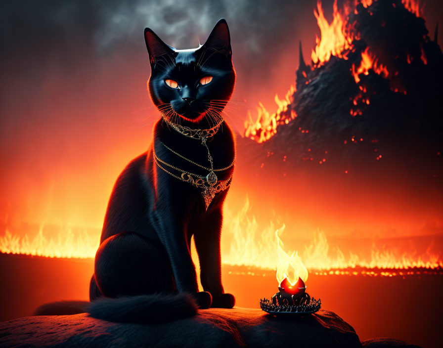 Regal black cat with glowing eyes and golden accessories on fiery backdrop