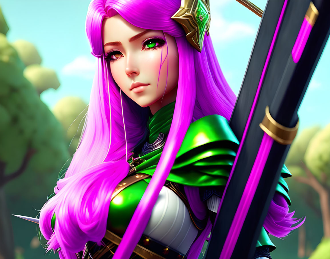 Vibrant purple-haired female character in green armor with sword in 3D illustration