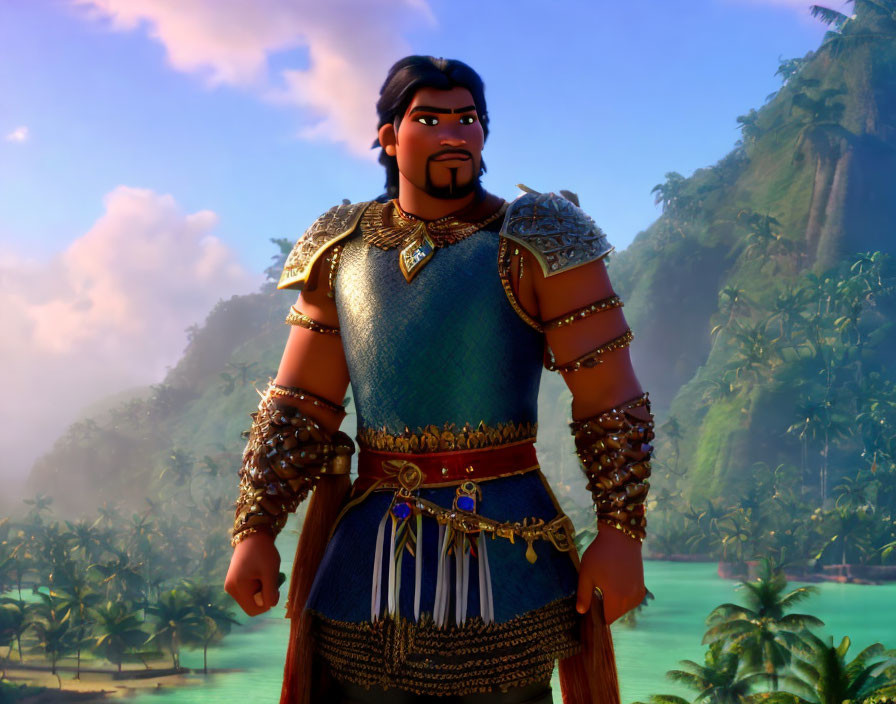 Long-haired animated character in Polynesian armor in tropical setting