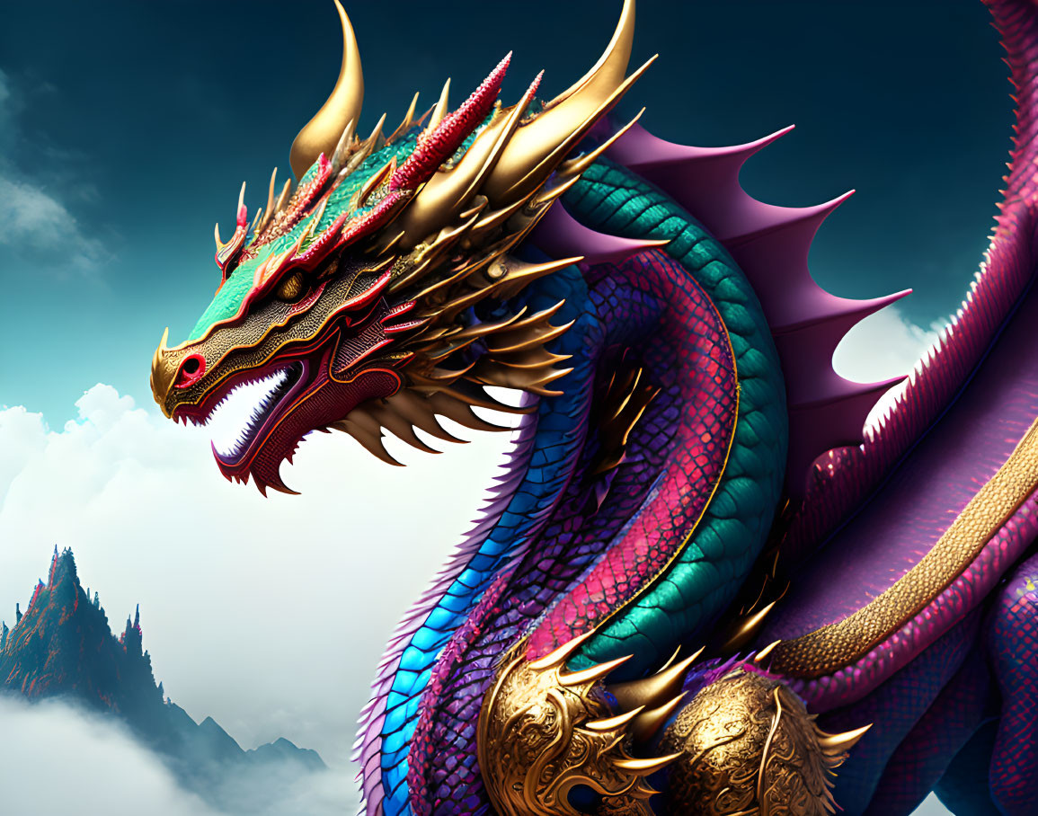 Majestic dragon digital illustration with iridescent scales and golden horns