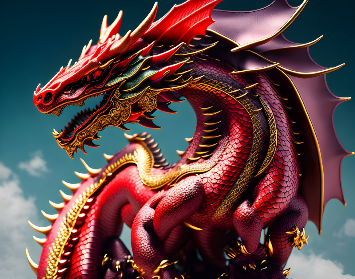 Red dragon with golden horns and scales on blue sky background