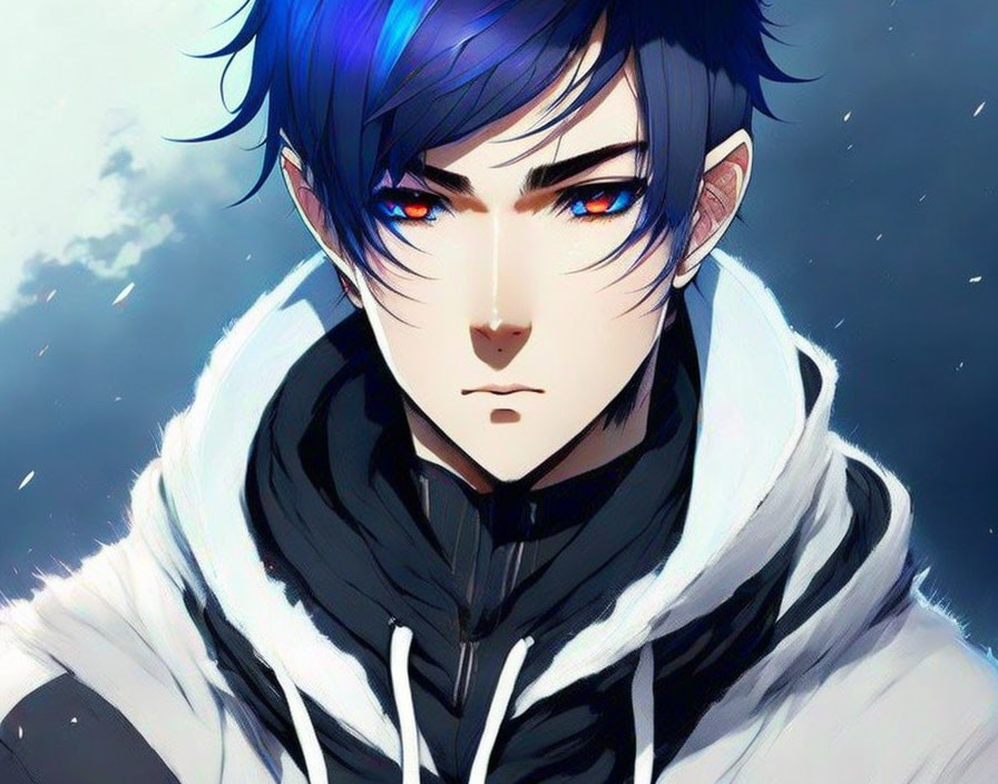 Anime character with blue hair, red eyes, black & white jacket on blue background