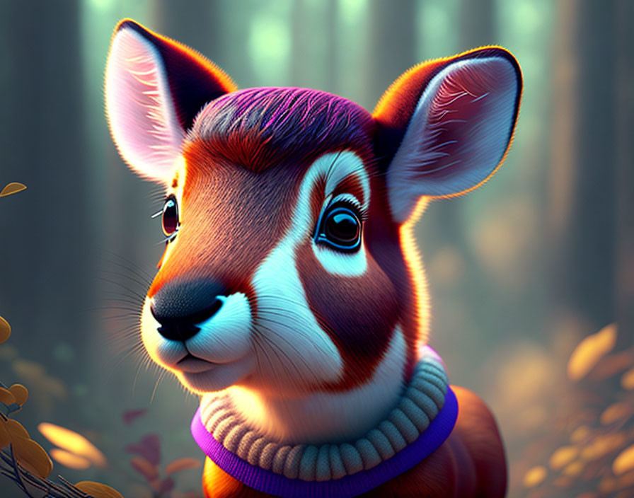 Stylized illustration of fawn with expressive eyes and purple collar in forest scene