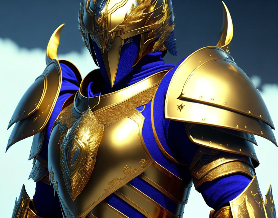 Golden-armored warrior in blue accents against cloudy sky