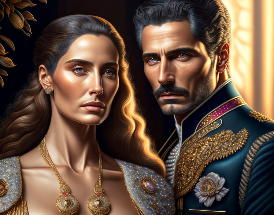 Regal man and woman in elaborate gold attire portrait