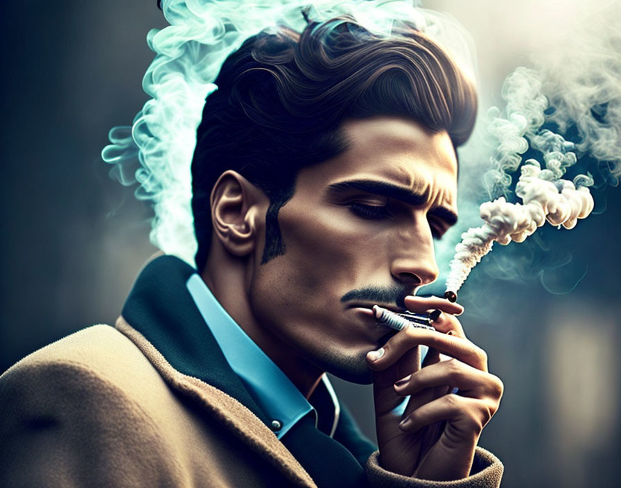 Illustration: Man with Mustache Smoking with Exaggerated Smoke Swirls