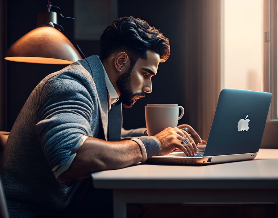 Bearded man working on laptop with coffee cup in warmly lit room