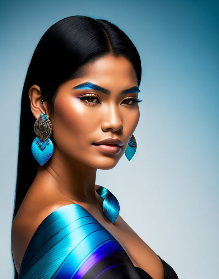 Woman with Black Hair, Blue Eyeshadow, and Turquoise Earrings on Soft Blue Background