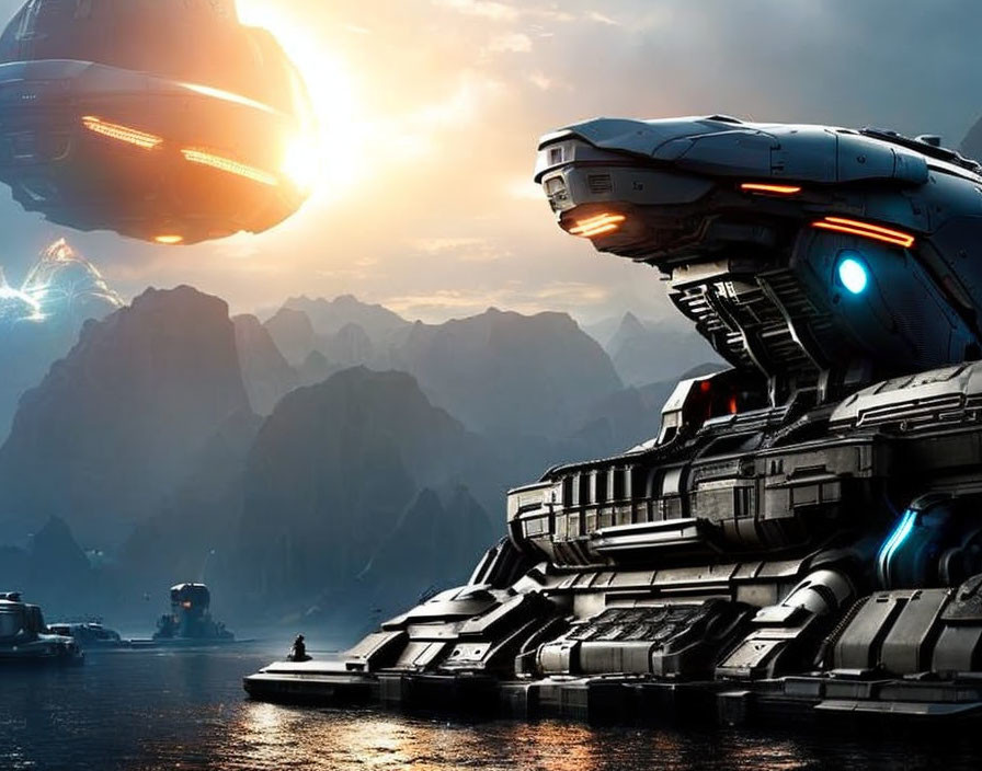 Futuristic water vehicles with hovering ships in mountainous sunset scene