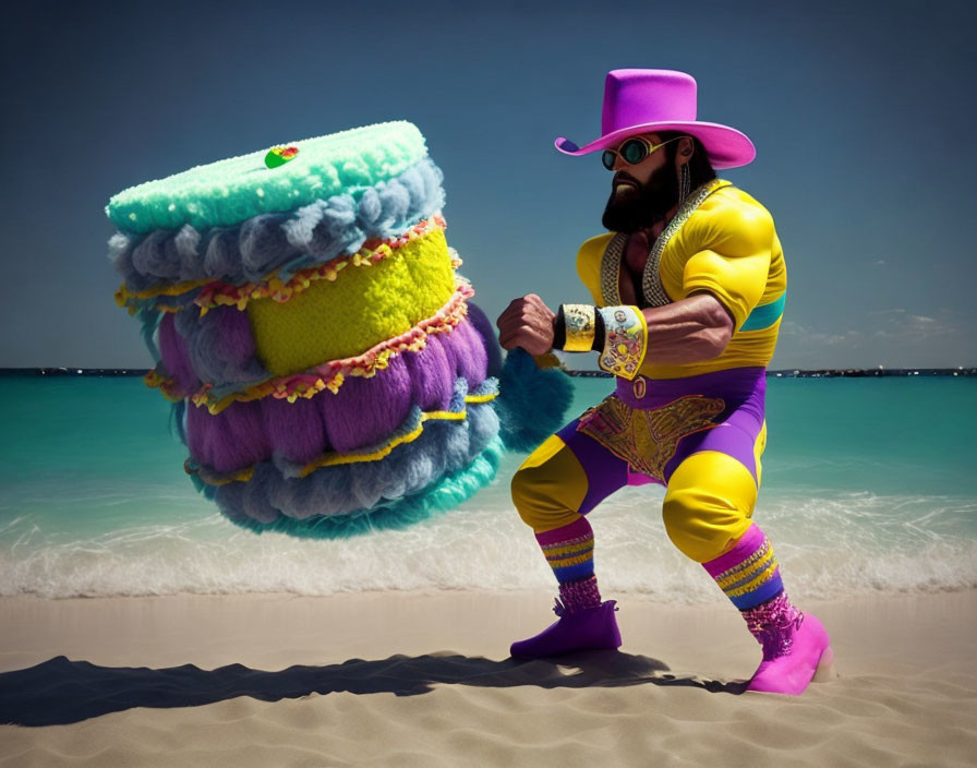 Colorful Wrestler Pushing Against Oversized Macarons on Sunny Beach