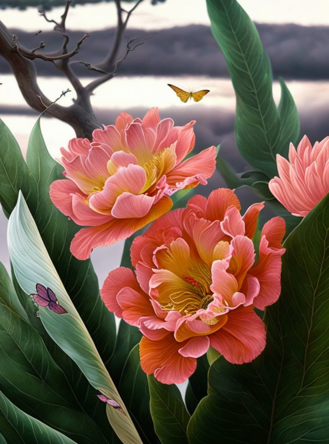 Colorful Peonies, Butterfly, Dragonfly, and Green Leaves on Grey Sky Background