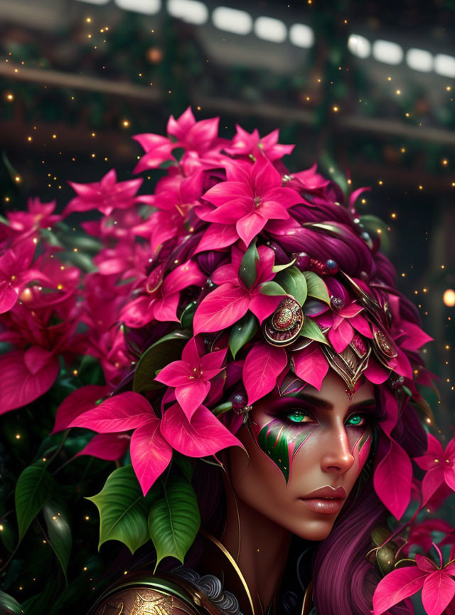 Woman with Pink Flowers and Leaves in Hair, Green Eyes, Ornate Headgear, Sparkling Lights