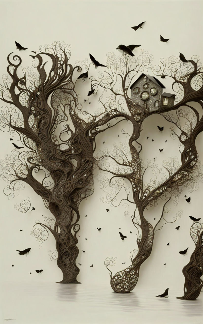 Tree silhouette forms woman's face with birds, leaves, and birdhouse