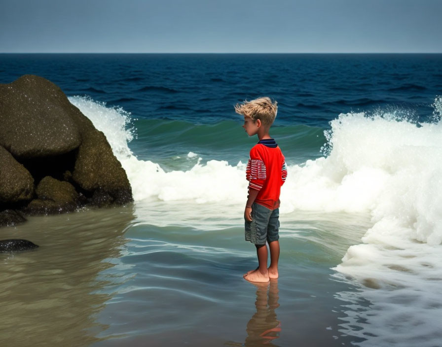 Child on Sandy Beach Watching Waves Crashing on Rocks