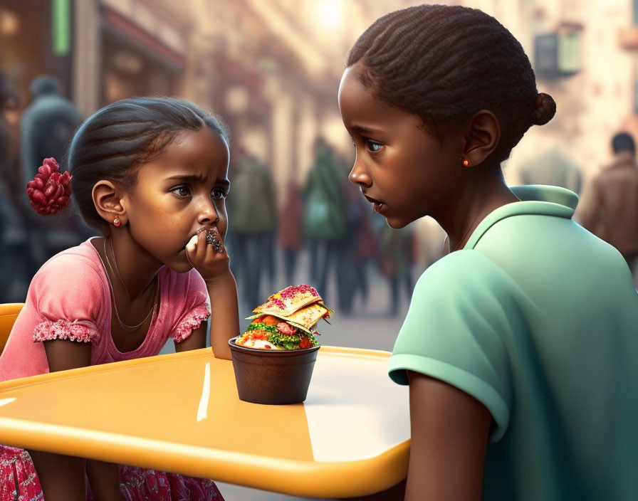 Two animated girls having tacos across a table in a bustling street scene.