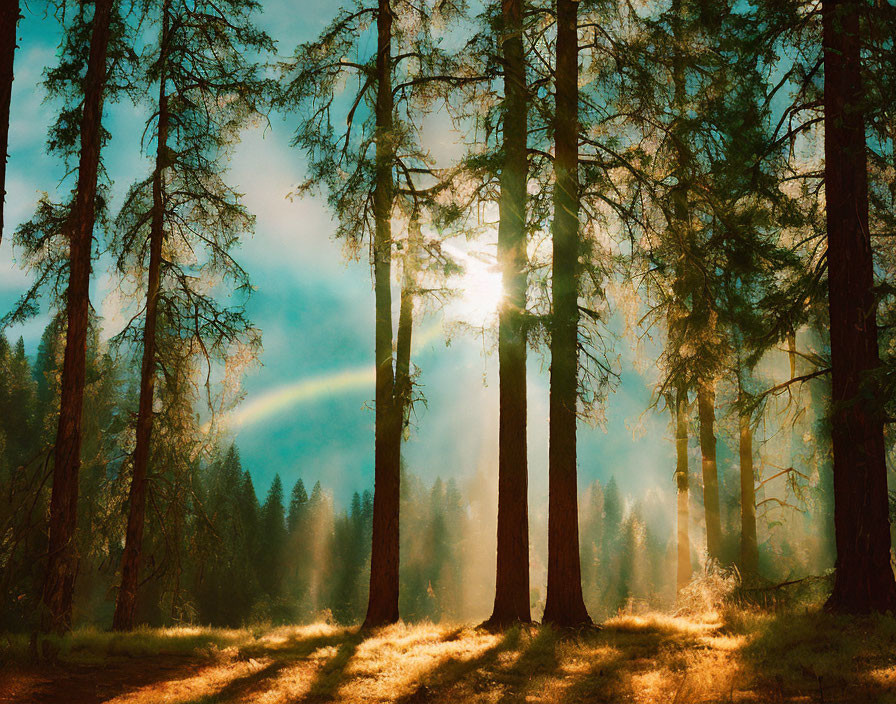 Sunlit forest with misty ambiance and tall trees