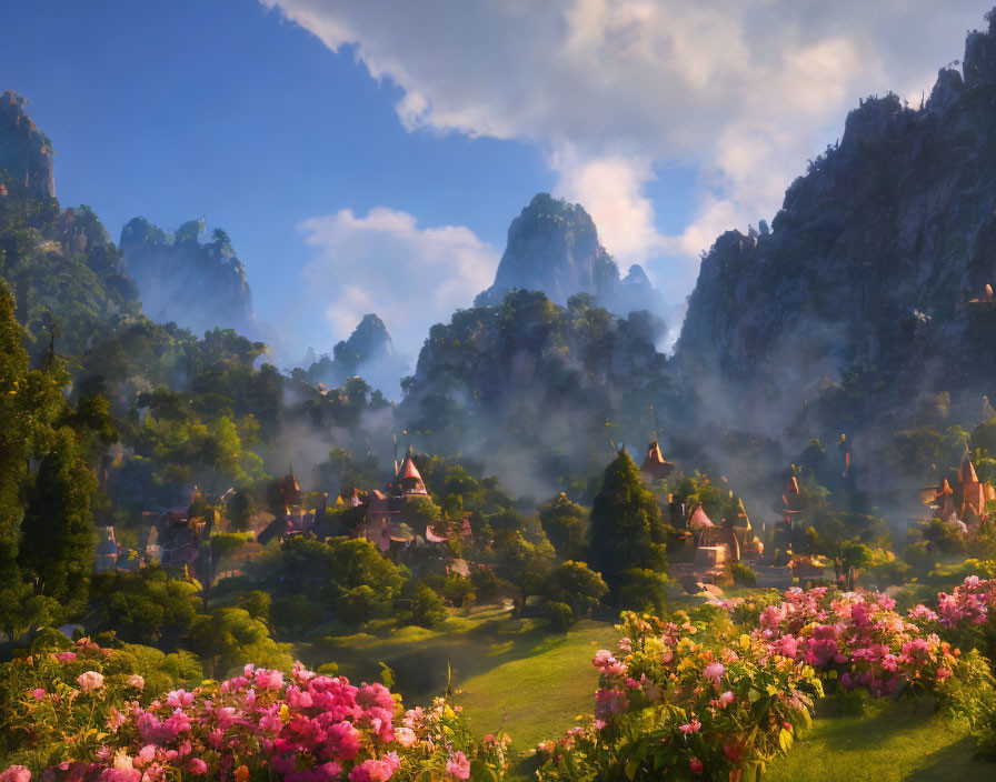 Misty mountain landscape with village, pink flowers, and sunrise