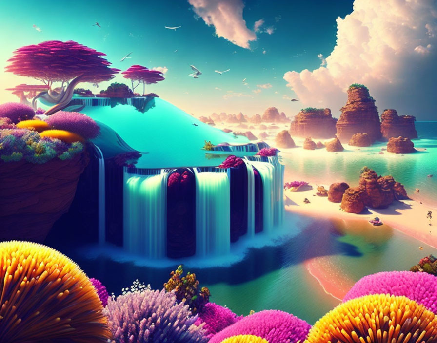 Vibrant fantasy landscape with waterfalls, colorful flora, and floating islands