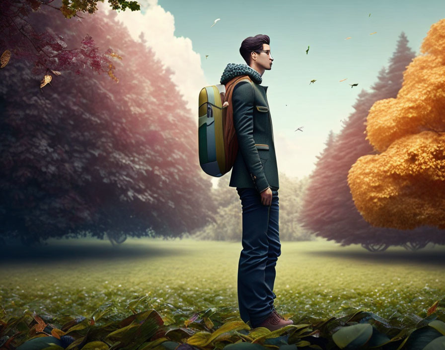 Man with large backpack in whimsical forest surrounded by colorful trees and falling leaves