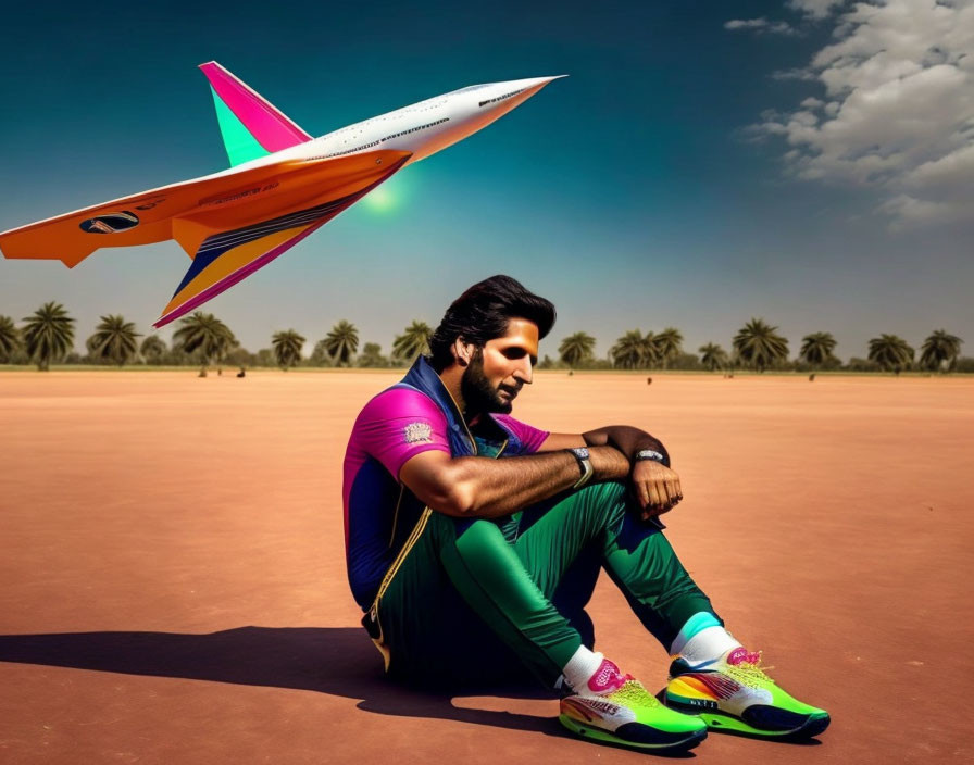 Colorful sportswear person sitting with low-flying airplane and palm trees.