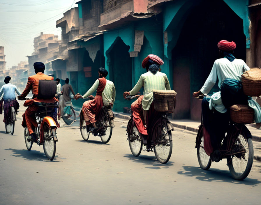 Four people in traditional attire riding bicycles with baskets on a street with blue buildings.