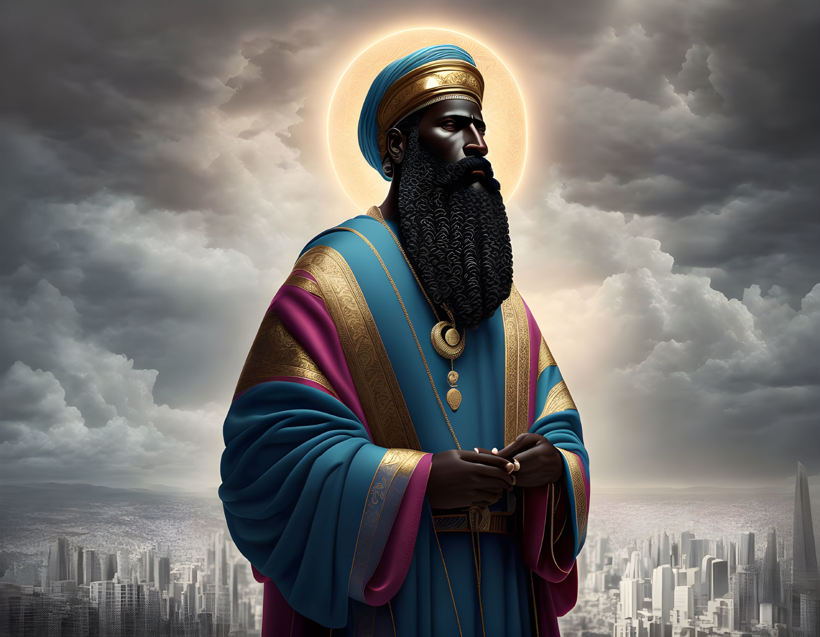 Regal bearded figure in blue and purple robes overlooking cityscape