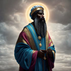 Regal bearded figure in blue and purple robes overlooking cityscape