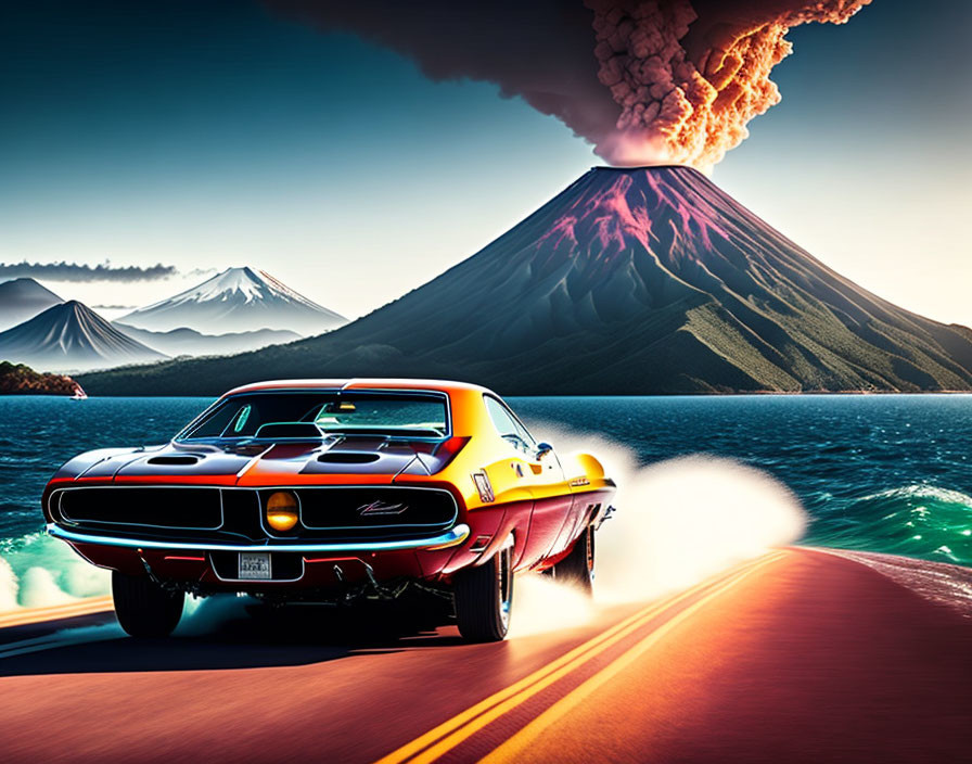 Vintage car driving by erupting volcano on coastal road