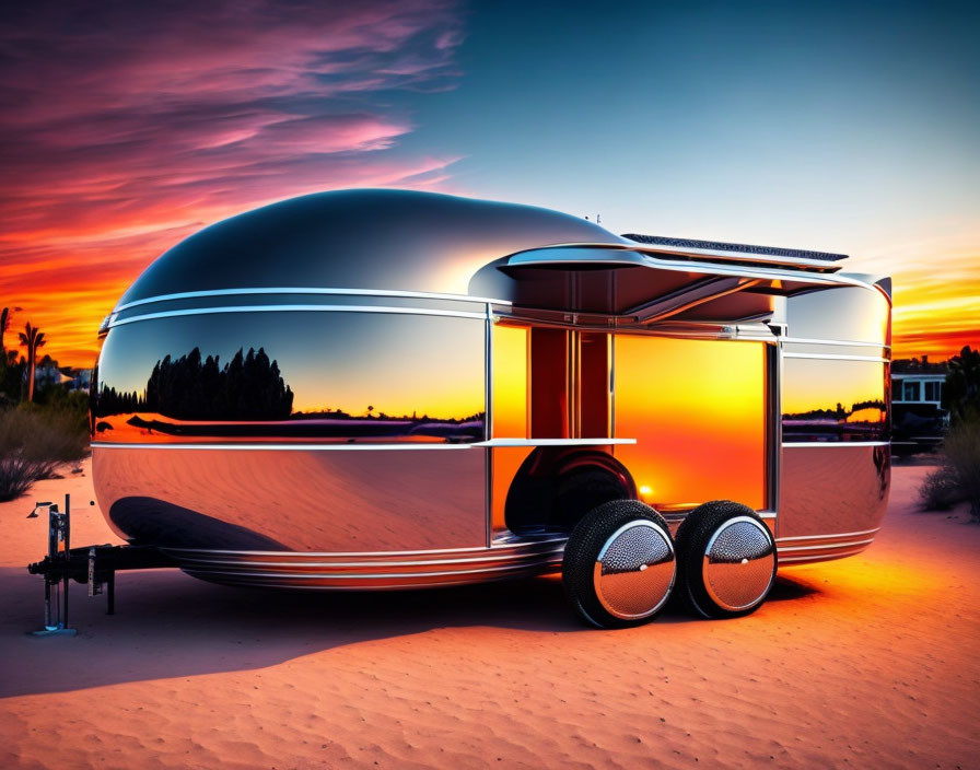 Silver futuristic caravan against vibrant sunset sky with palm trees