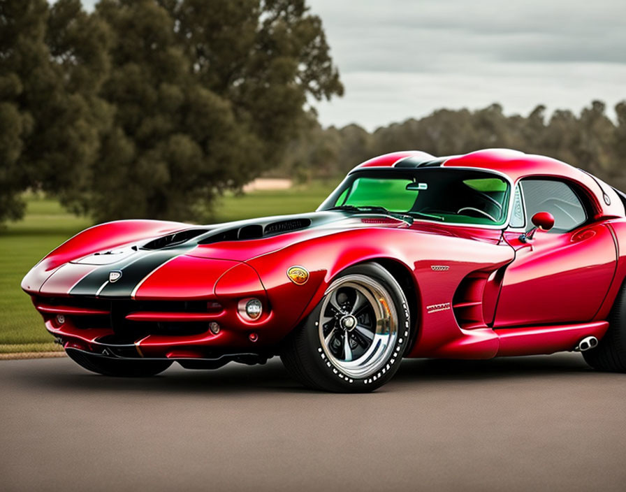 Red Vintage Sports Car with Black Racing Stripes and Custom Wheels on Grass Field