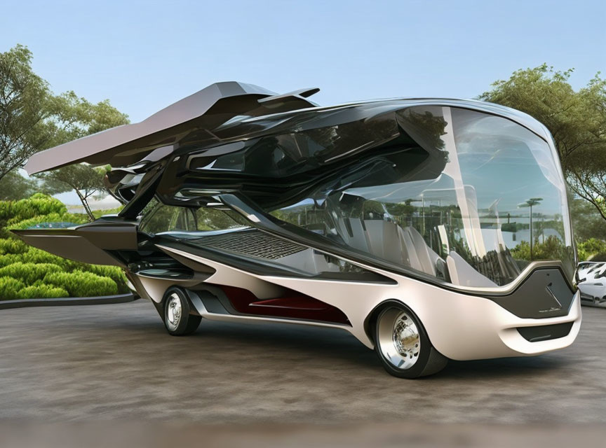 Sleek futuristic bus with expansive glass windows in green outdoor setting