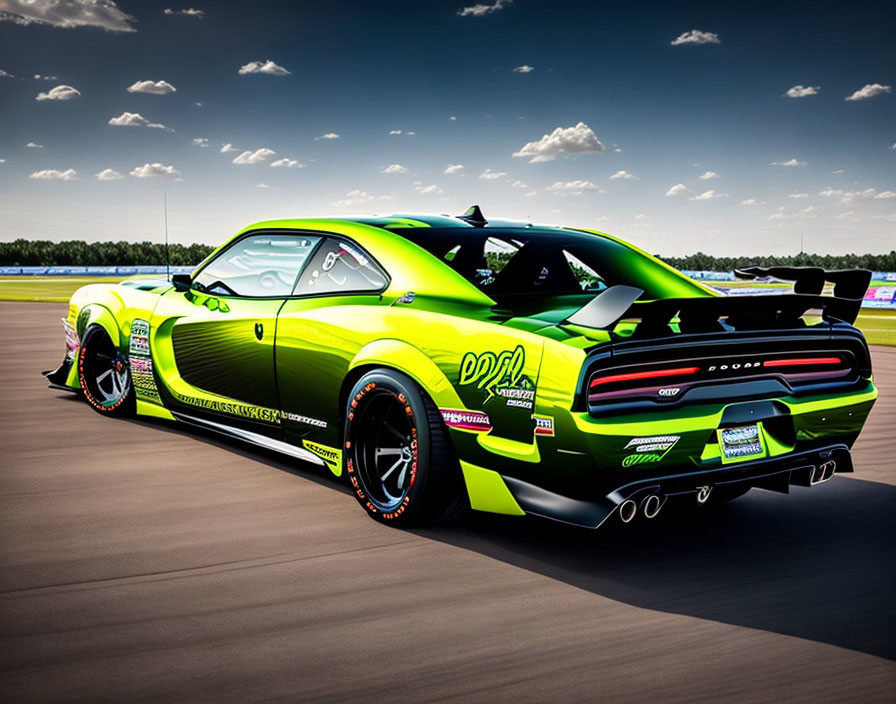 Bright Green Dodge Challenger with Black Graphics and Aftermarket Mods on Smooth Surface