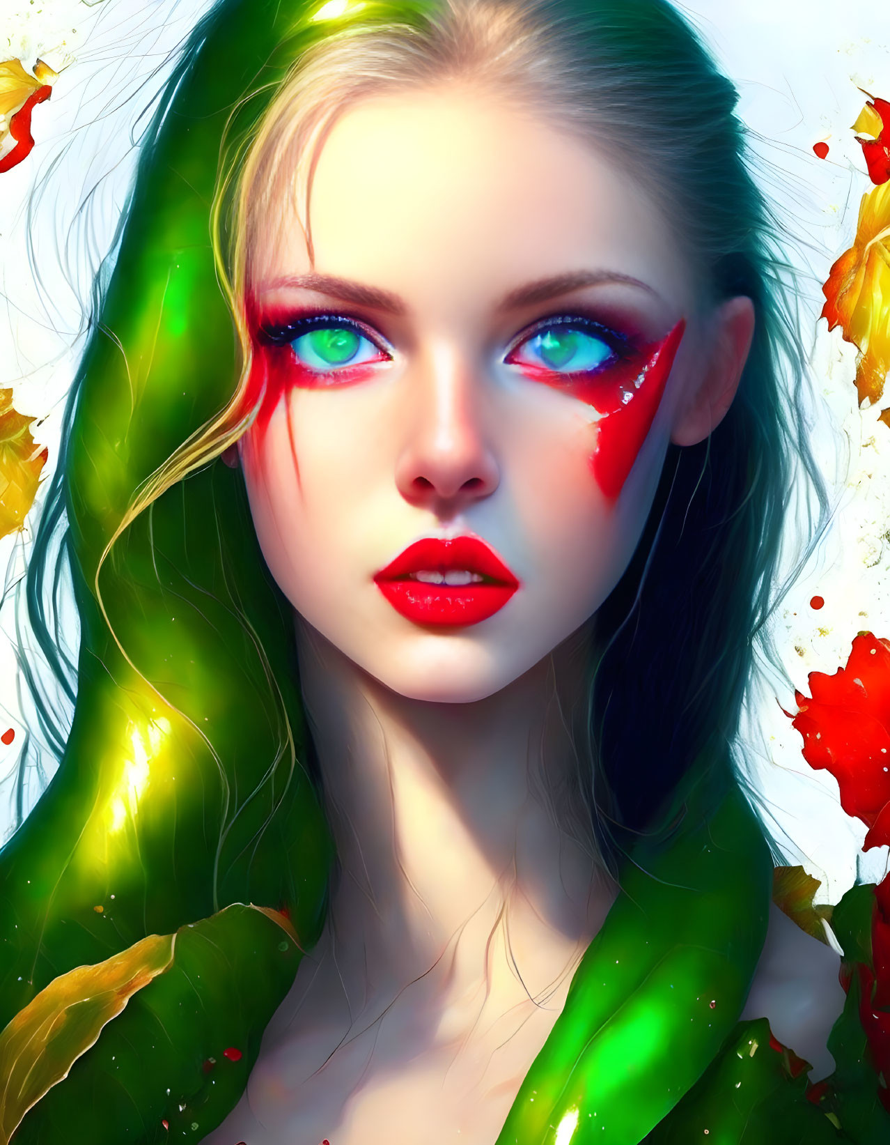 Vibrant digital artwork of woman with green hair and blue eyes