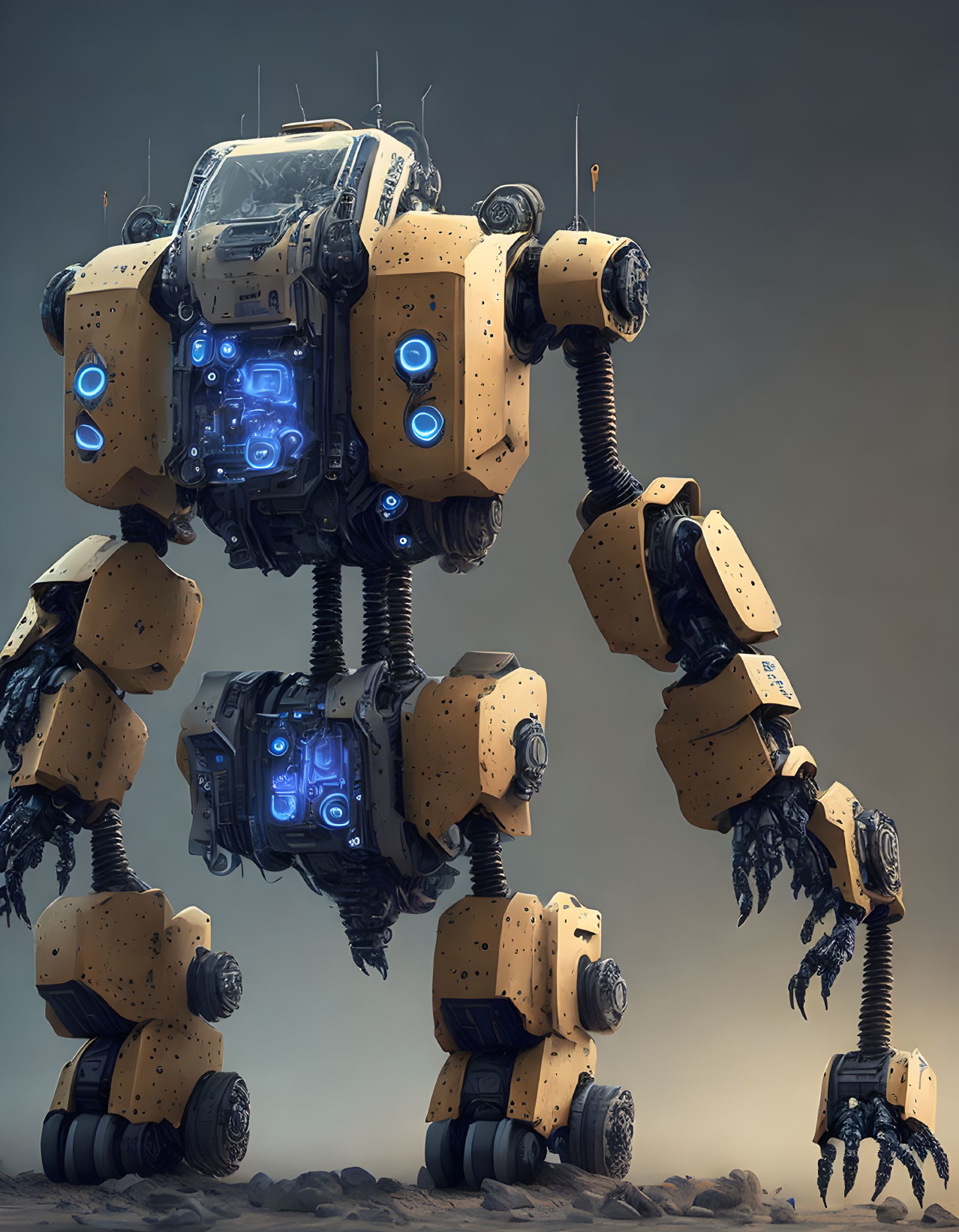 Yellow four-legged robot with glowing blue core on dusty surface