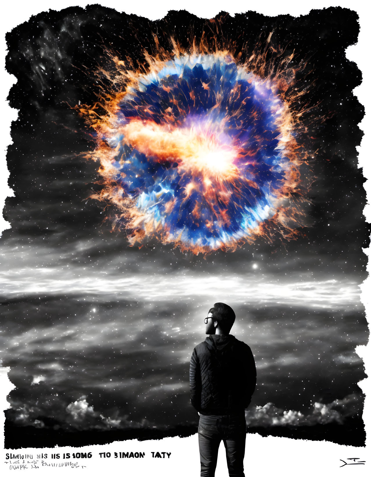 Person Contemplating Cosmic Explosion in Starry Sky